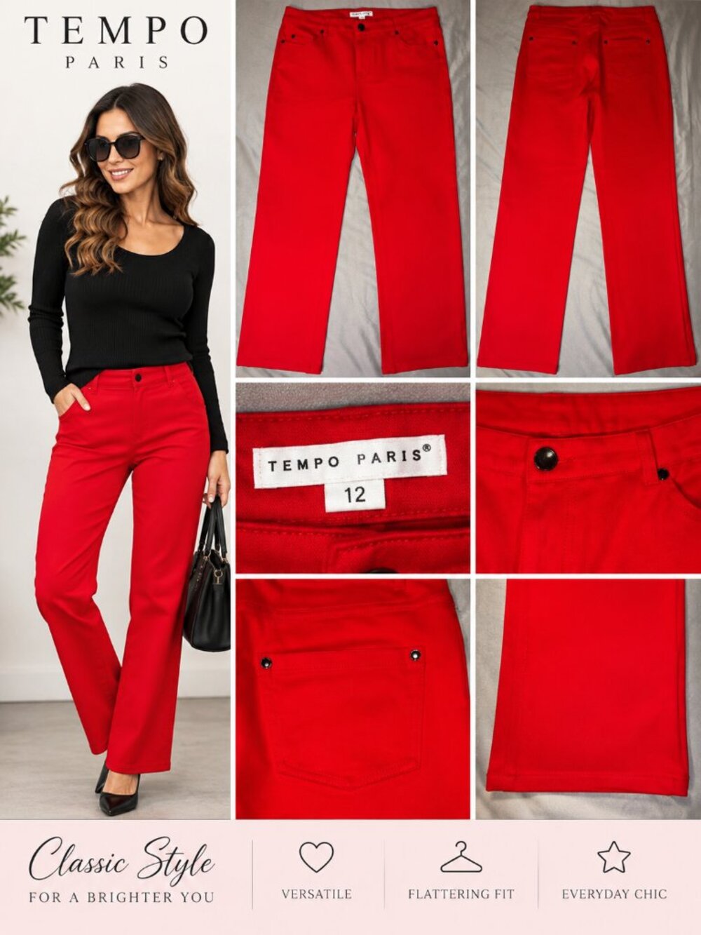 Tempo Paris Red Straight Leg Pants Women’s Size 12